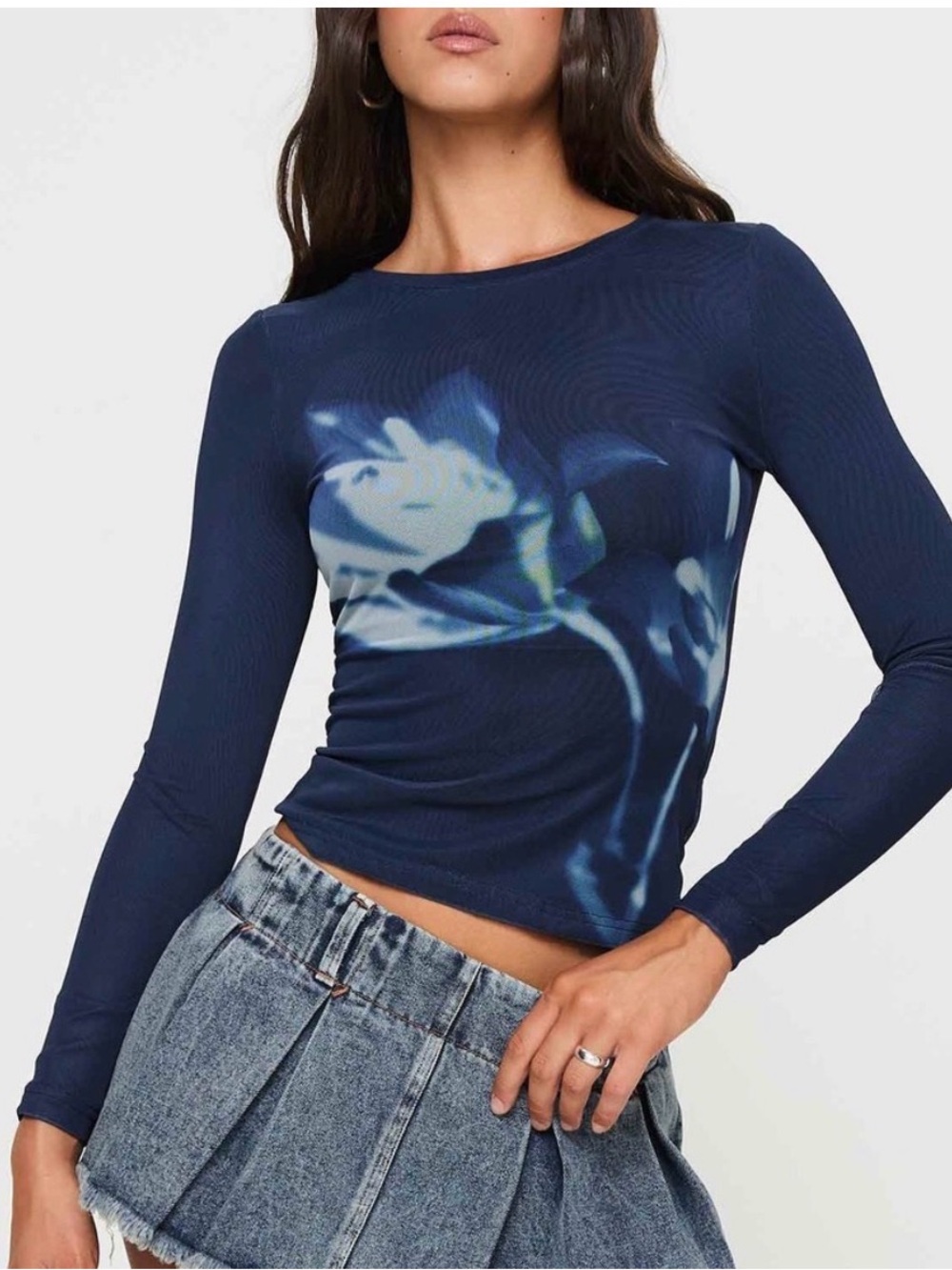 Princess Polly Navy Blue Long Sleeve Floral Print Tee